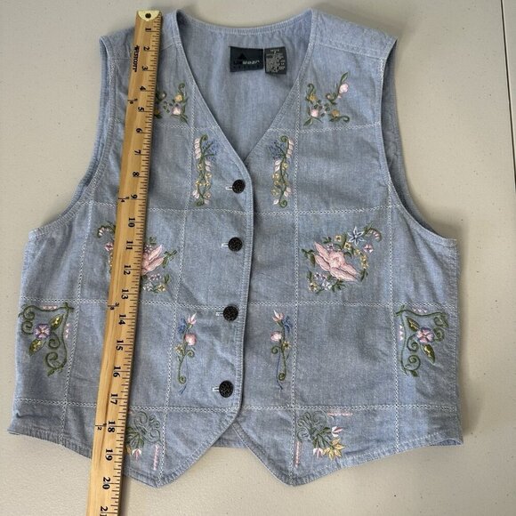 Vintage LizWear Vest Petite Chambray Blue Floral Embroidered Small - Picture 7 of 11